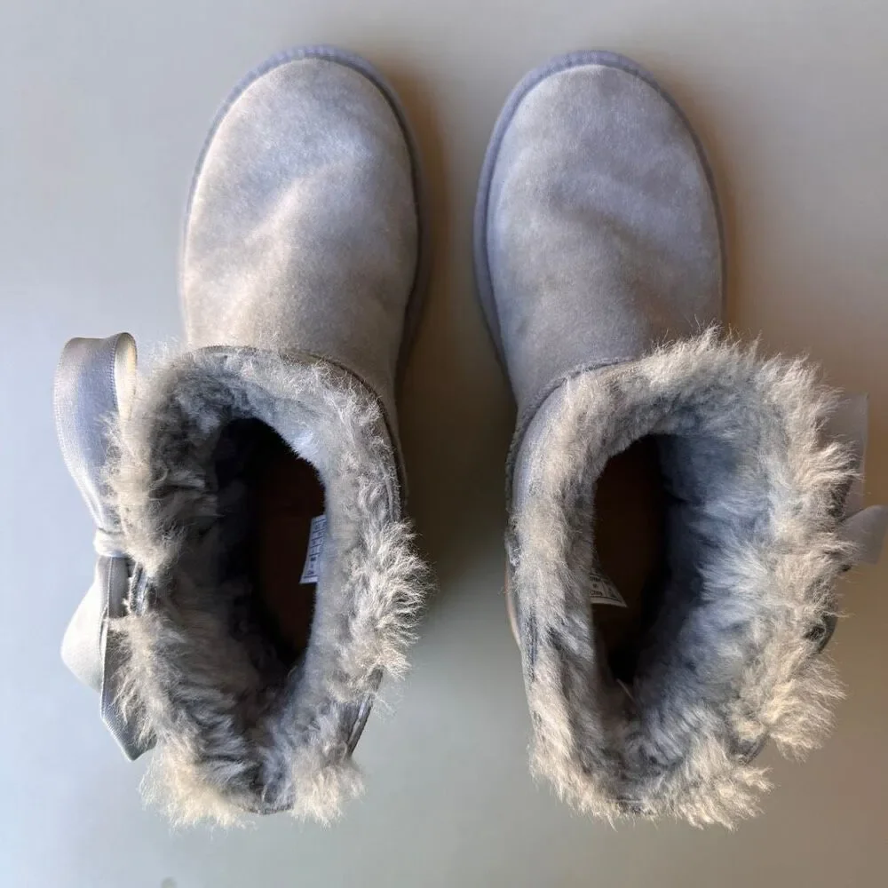 UGG Lace Mini Boots Womens 8 Gray Suede Corset Bow Classic Shearling Pull On